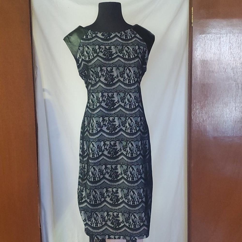 White Black Lace Faux Leather Sleeve Pencil Dress